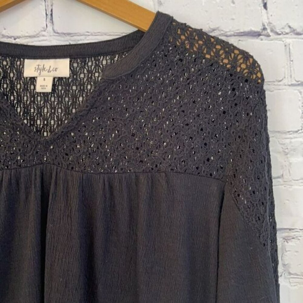 Black Crochet Trim Long Sleeve Top